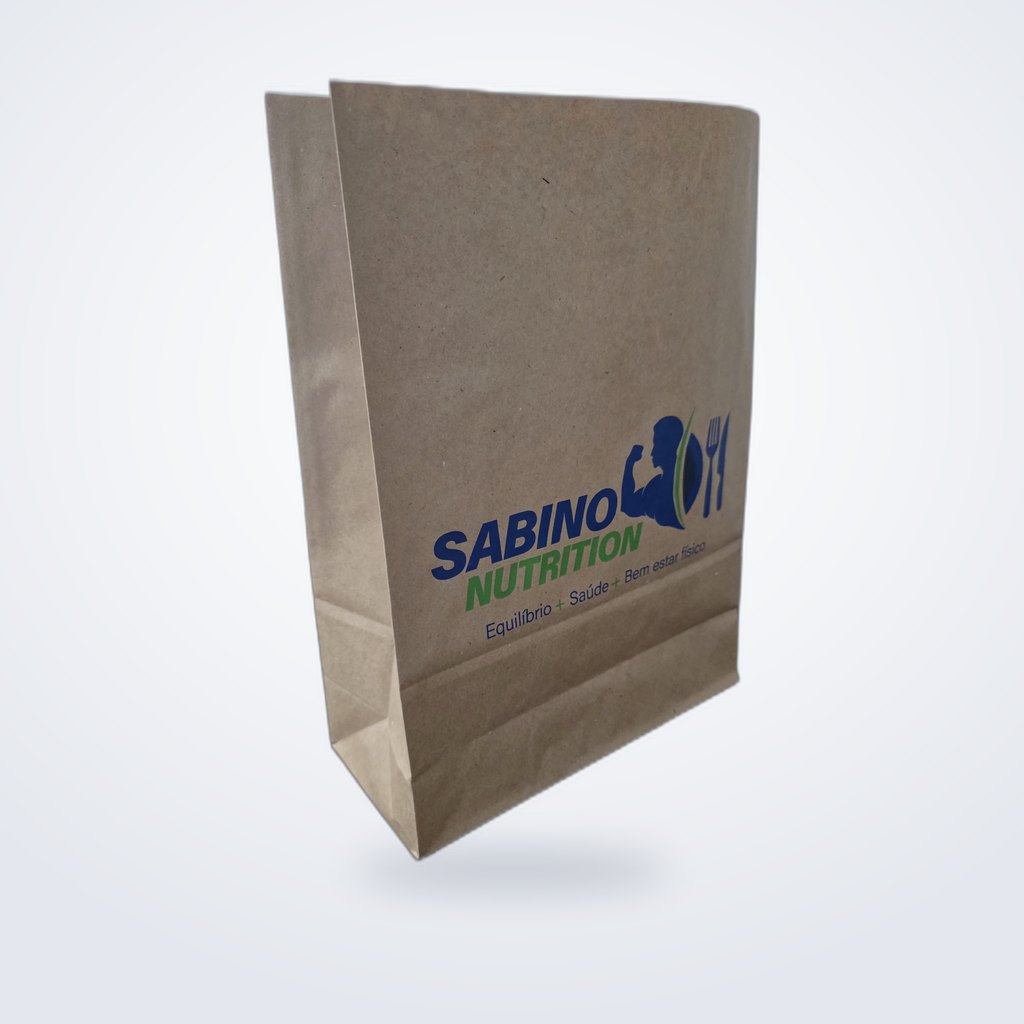 Embalagem de papel kraft com fundo sanfonado produzida para a Sabino Nutrition