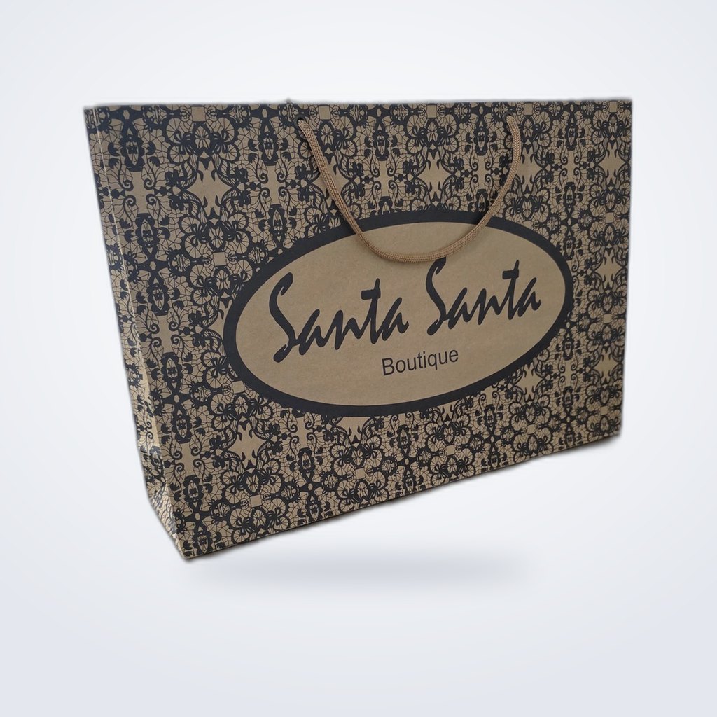 Sacola de papel estampada com alça de cordão produzida para a Santa Santa Boutique