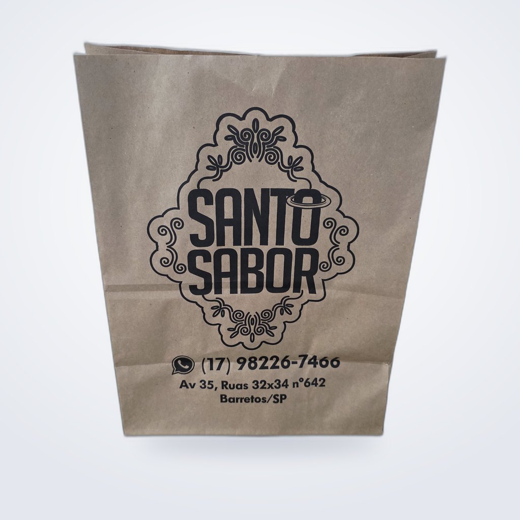 Embalagem de papel kraft com fundo sanfonado produzida para a Santo Sabor
